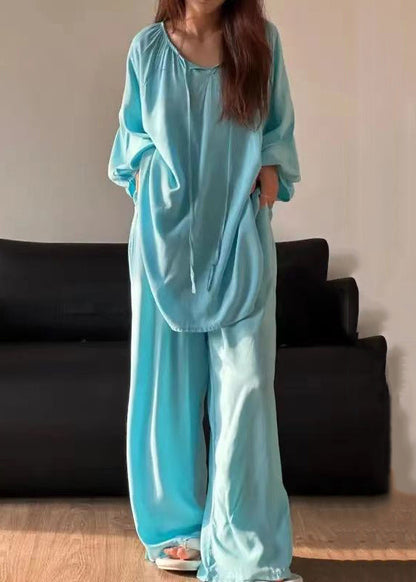 Simple Blue O Neck Lace Up Cotton Pajamas Two Piece Set Fall