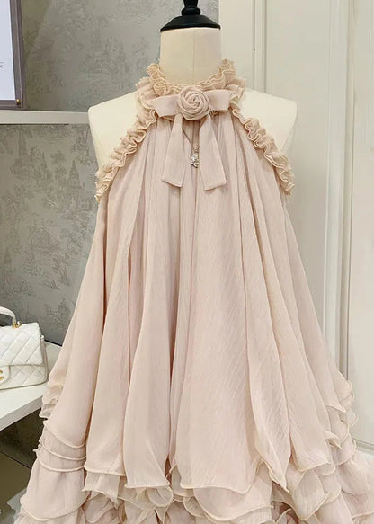 Pink Ruffled Lace Tulle Mini Dress Sleeveless