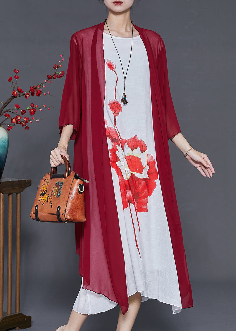 Mulberry Print Chiffon Cardigan and Dress Two Pieces Set Summer