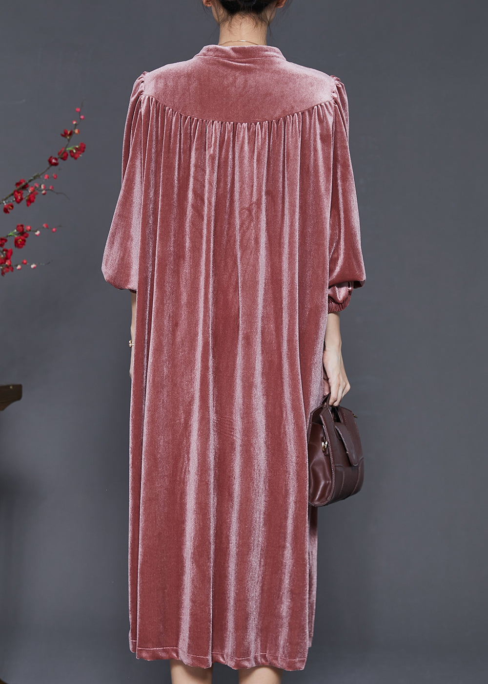 Diy Brick Red Stand Collar Oversized Silk Velvet Dress Spring