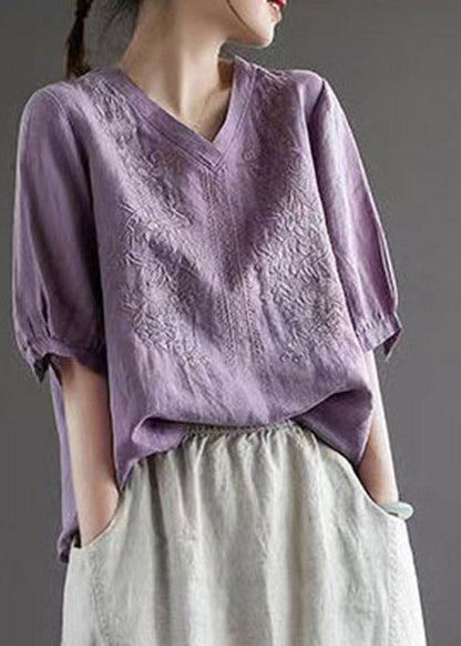 Purple V Neck Embroidered T Shirt Half Sleeve