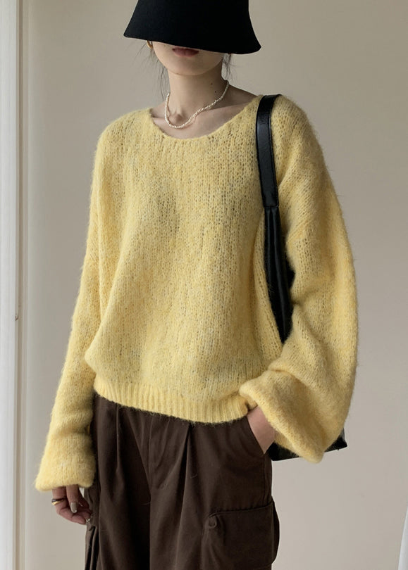 Yellow Cotton Knit Pullover Sweater V Neck Winter