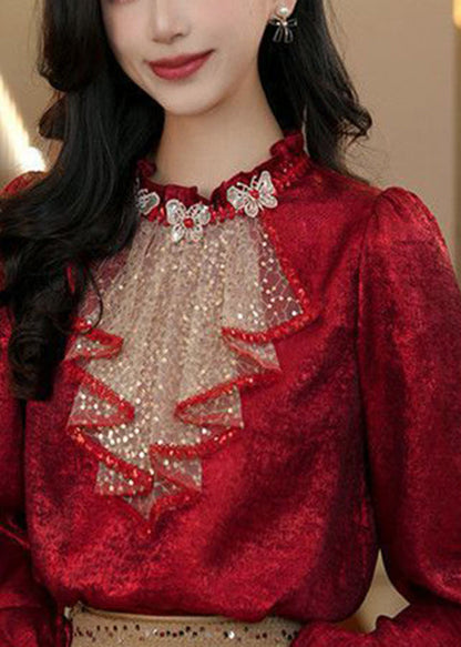 Red Ruffled Sequins Patchwork Silk Shirt Top Spring