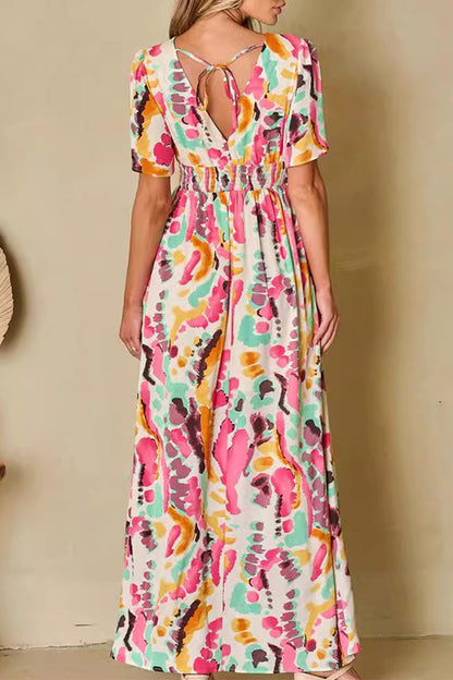 Print Color Block Backless Contrast V Neck a Line Dresses