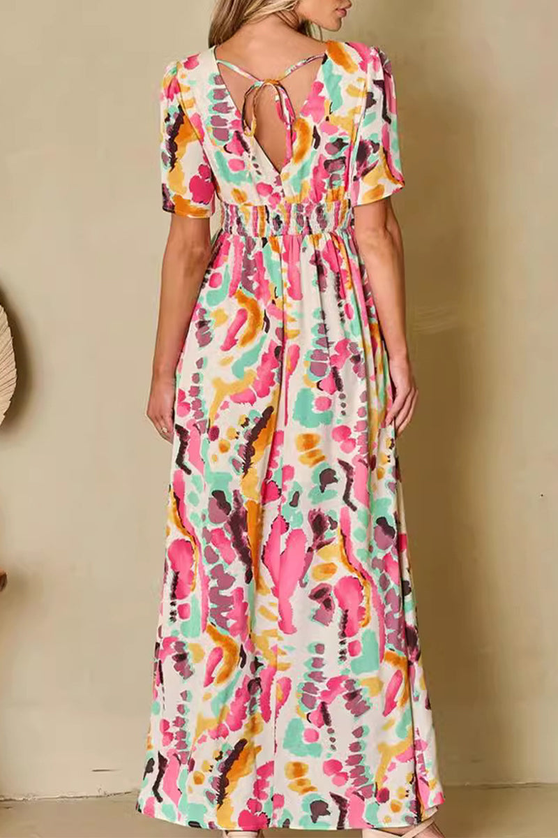 Print Color Block Backless Contrast V Neck a Line Dresses