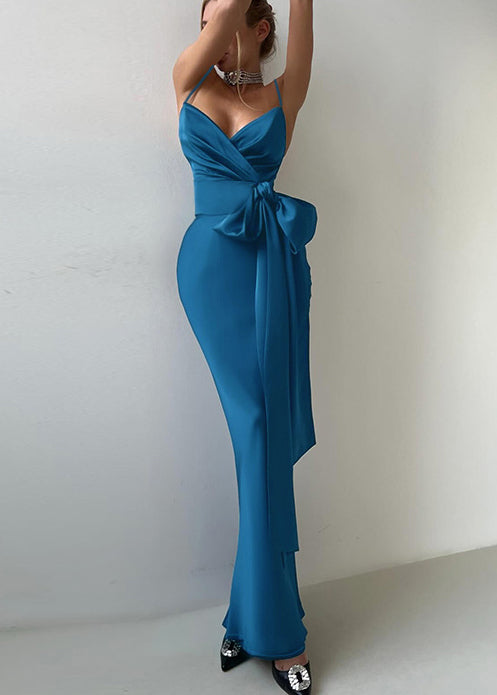 Navy Wraped Bow Silk Vestidos Dress Summer