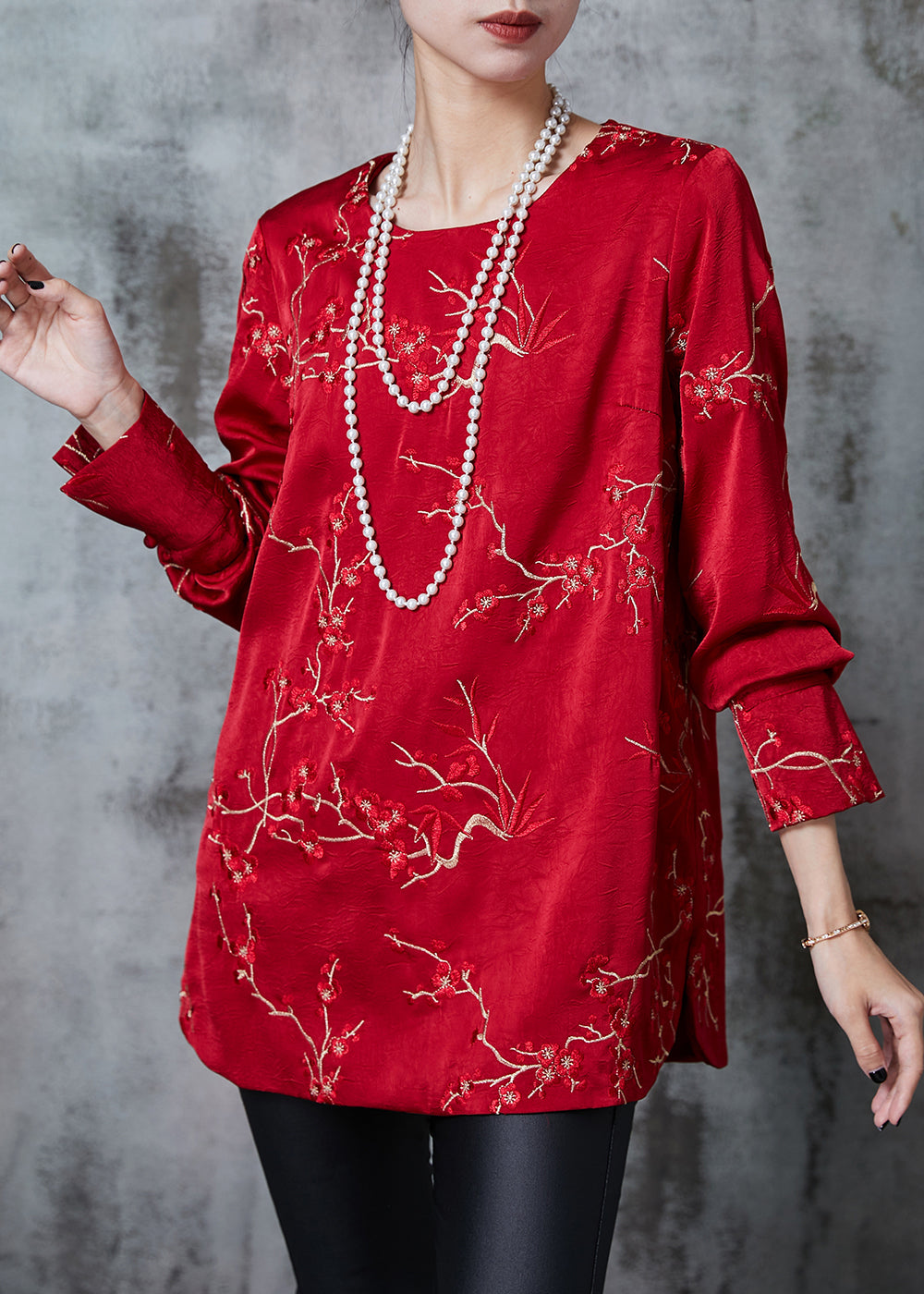 Red Embroidered Silk Blouses Fall