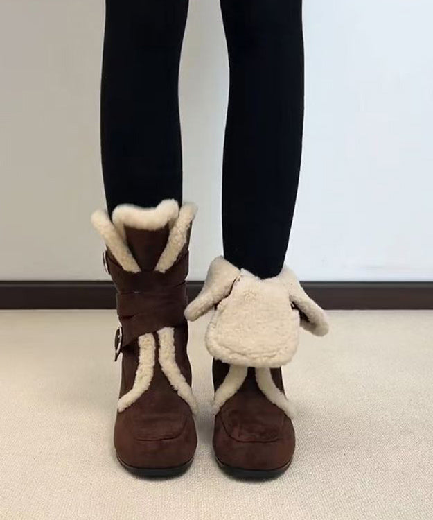 Splicing Boots Coffee Suede Fuzzy Wool Lined