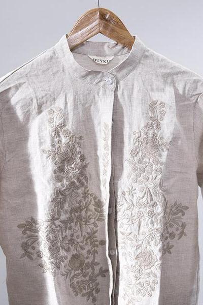 Limited Stock- Retro Embroidered Loose 100% Linen Shirt