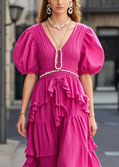Rose Puff Sleeve Wrinkled Cotton Long Dresses
