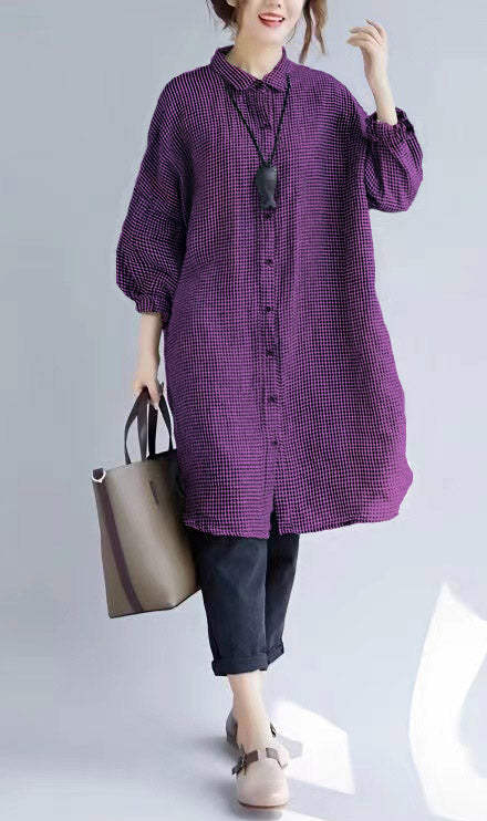Stylish Black Plaid Cozy Cotton T Shirt Oversize Turn-down Collar Cotton Blouses Fine Long Sleeve Tops