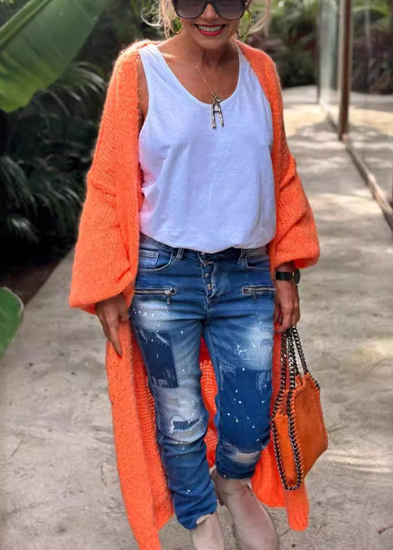 Boutique Orange Jacquard Oversized Knit Cardigan Fall