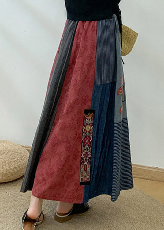 Novelty Navy Blue Print Patchwork Embroidered Tassel High Waist Maxi Skirts