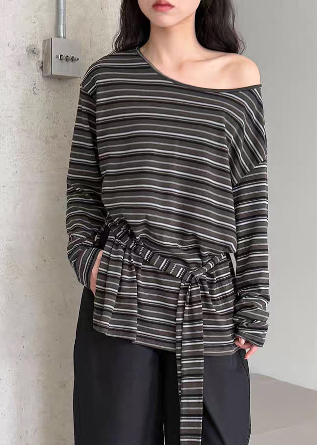 Striped O-neck Side Open T Shirt Spring