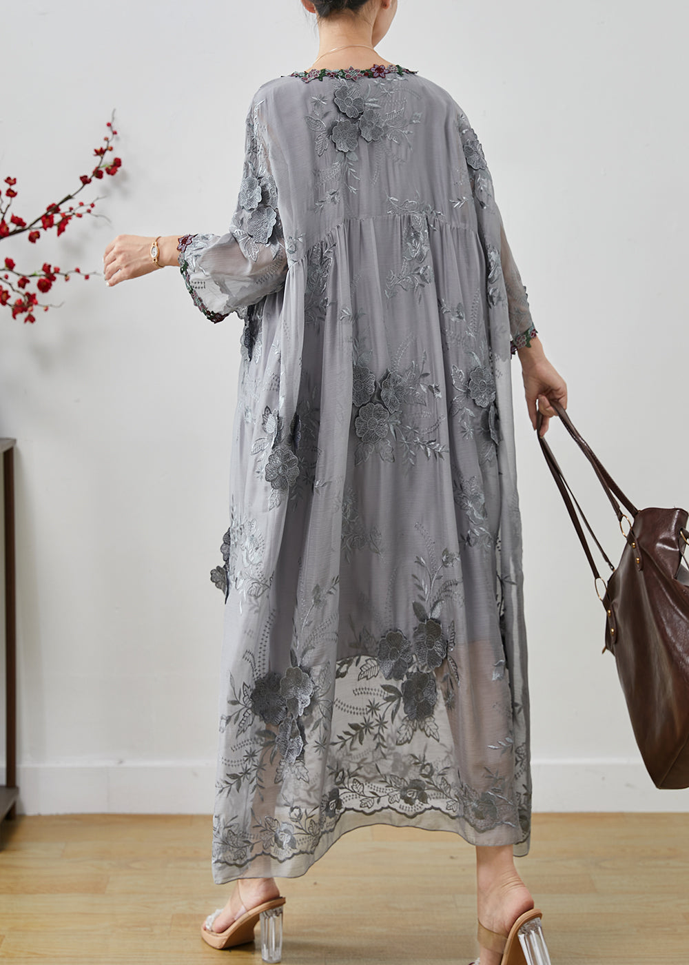 Grey Embroidered Silk Party Dress Fall