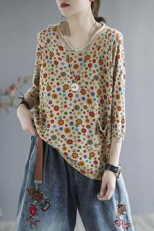 Spring Knitted Print Pocket Sweater