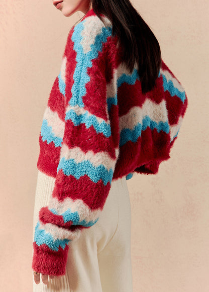 Striped V Neck Cozy Mink Hair Knitted Short Sweaters Winter