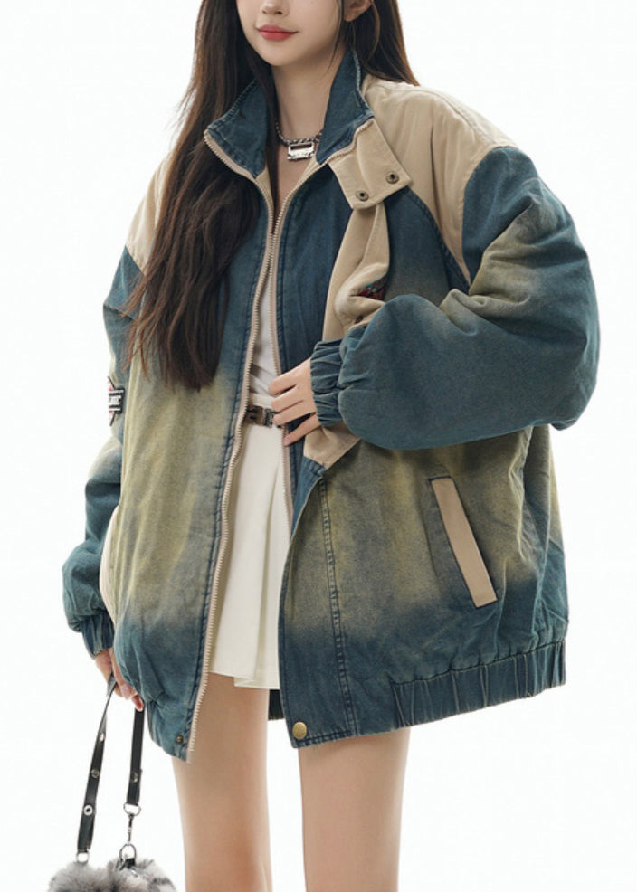 Denim Blue Stand Collar Patchwork Fine Cotton Filled Coats Winter