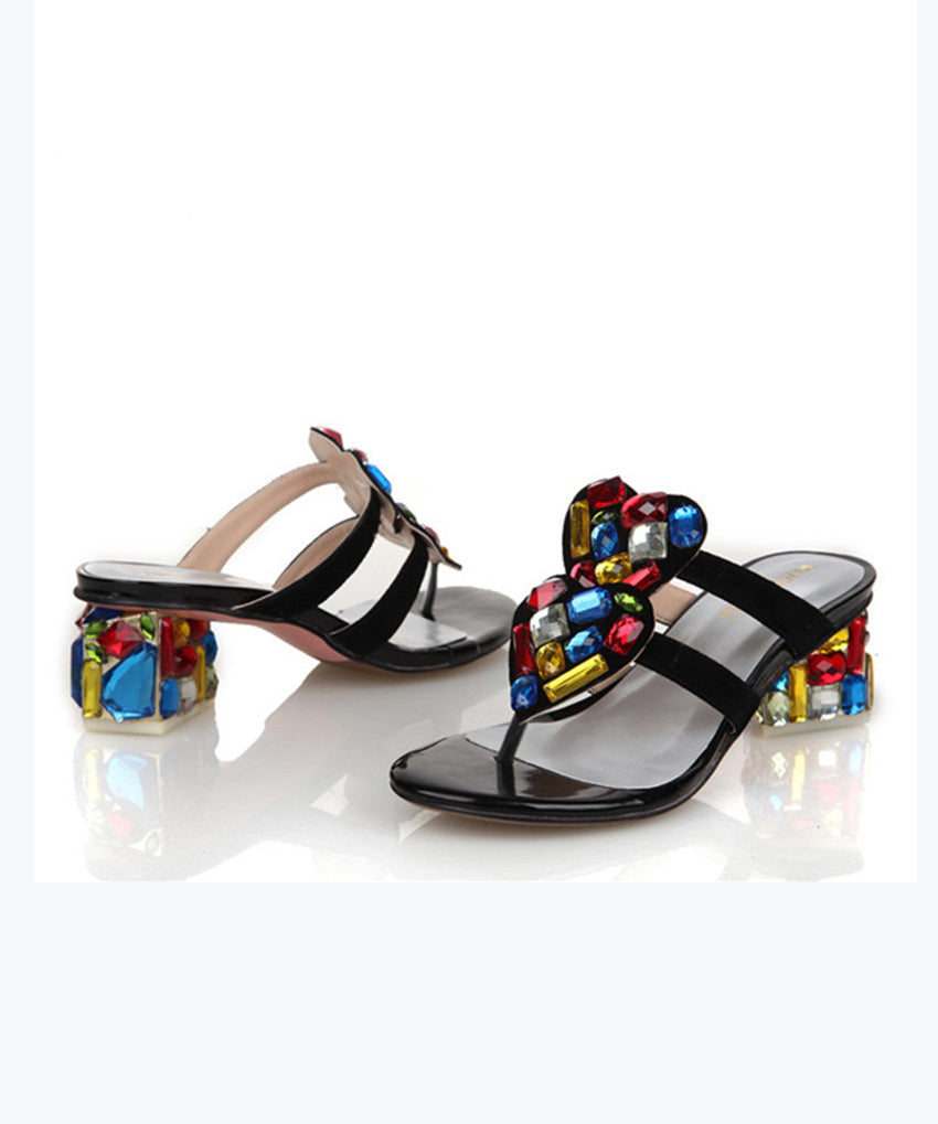 Boutique Black Heart Zircon Splicing Chunky Heel Flip Flops