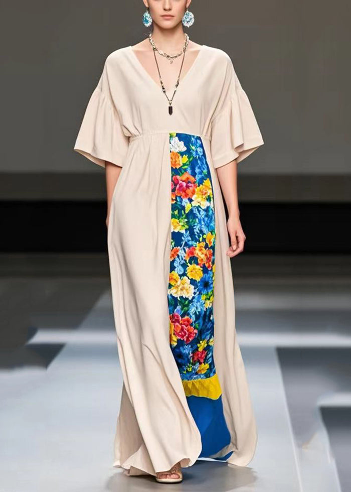 Apricot V Neck Patchwork Chiffon Robe Dresses Summer