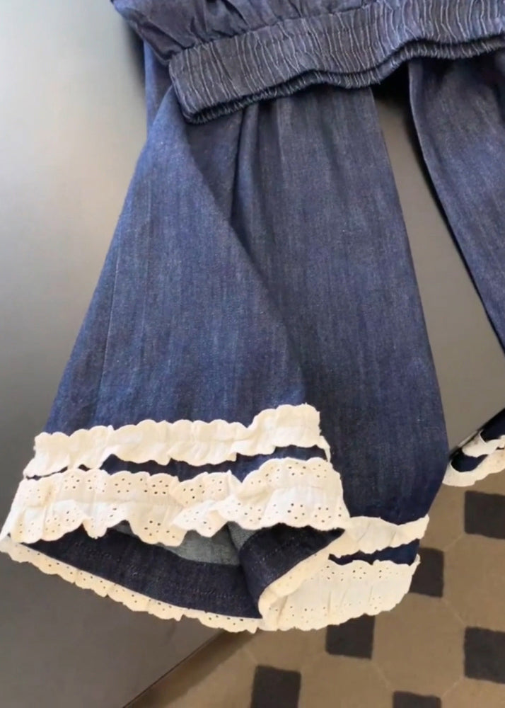 Navy Pockets Lace Patchwork Denim Wide Leg Pants Fall