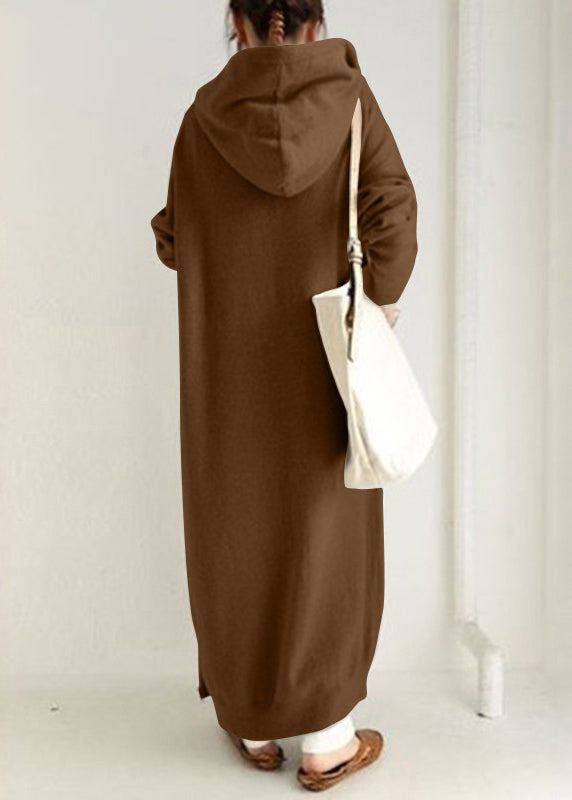 Brown Zippered Pockets Warm Fleece Long Coat Hooded