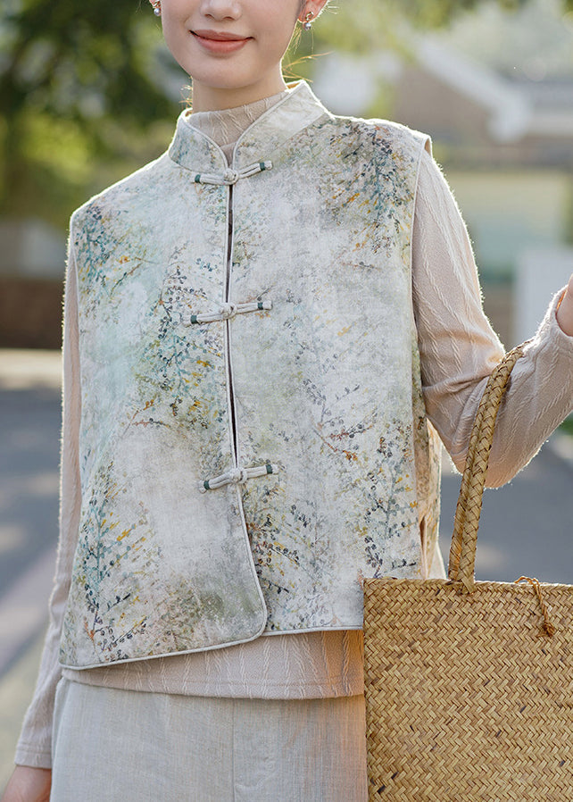 Chinese Style Stand Collar Oriental Button Linen Vest Sleeveless