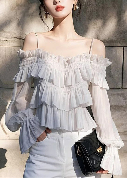 New Light Grey Ruffled Chiffon Blouses Butterfly Sleeve