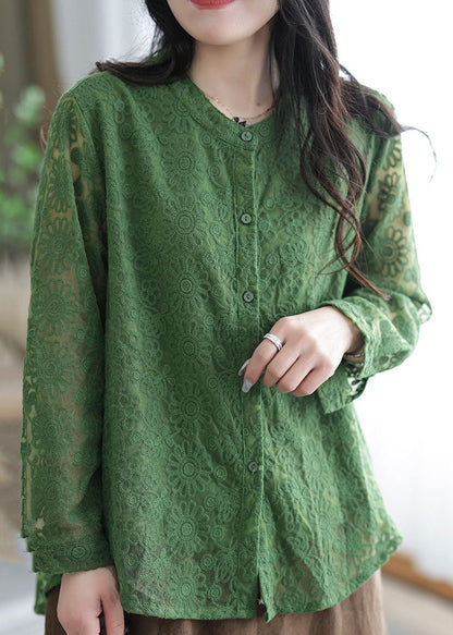 Green Lace Tops Asymmetrical Embroidered O-neck Spring