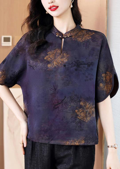 Coffee Stand Collar Print Silk Shirt Tops Summer