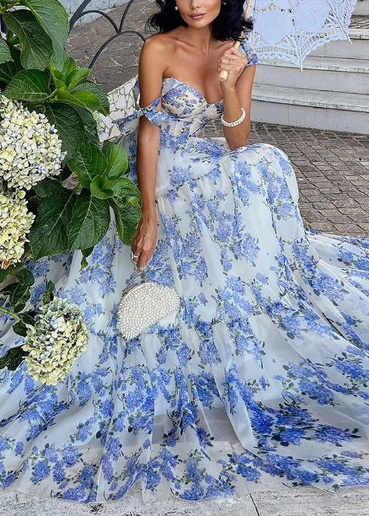 Blue Cold Shoulder Print Patchwork Organza Maxi Dresses Summer