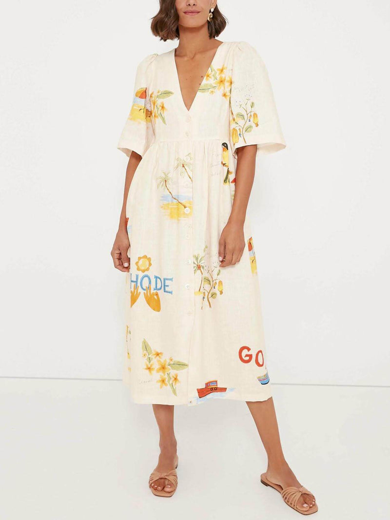 Folk Print Unique Holiday Puff Sleeve Midi Dress