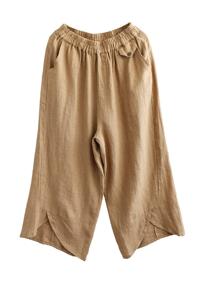Khaki Patchwork Elastic Waist Linen Wide Leg Pants