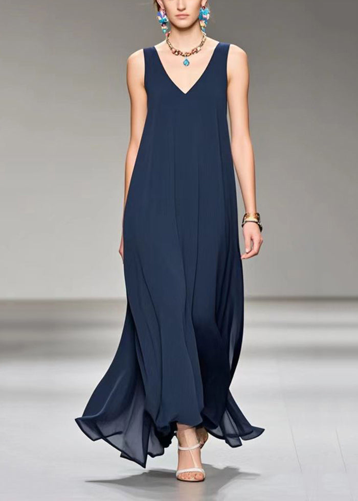 Navy V Neck Draping Chiffon Cami Dress Sleeveless