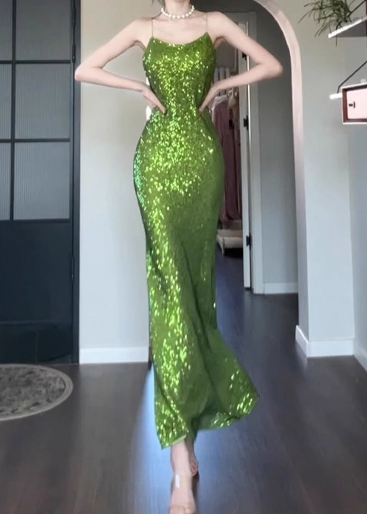 Slim Fit Green Sequins Spaghetti Strap Dress Sleeveless