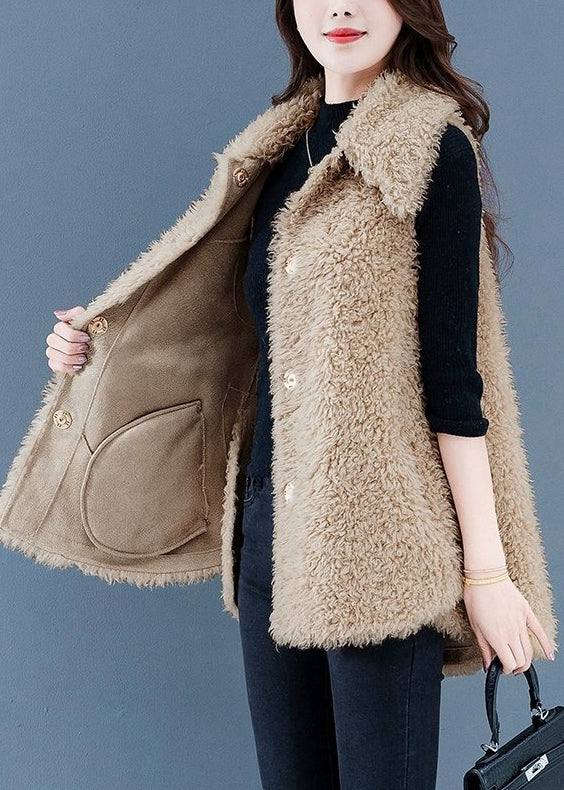 Beige Button Pockets Teddy Faux Fur Waistcoat Sleeveless