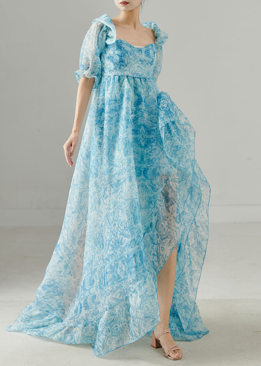 Blue Print Chiffon Full Dress Exra Large Hem Summer