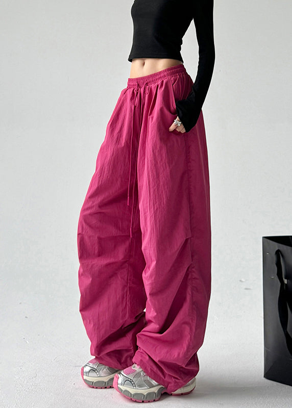 Vogue Red Pockets Tie Waist Warm Fleece Straight Pants Spring