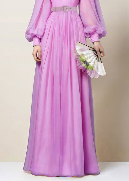 Purple Wrinkled Chiffon Dress Lantern Sleeve