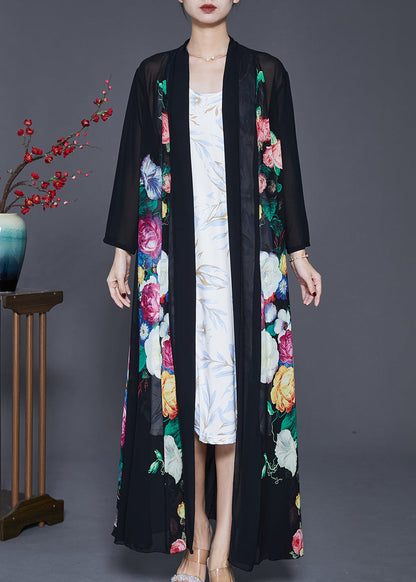 Fine Black Oversized Print Chiffon Upf 50+ Coat Cardigan Spring