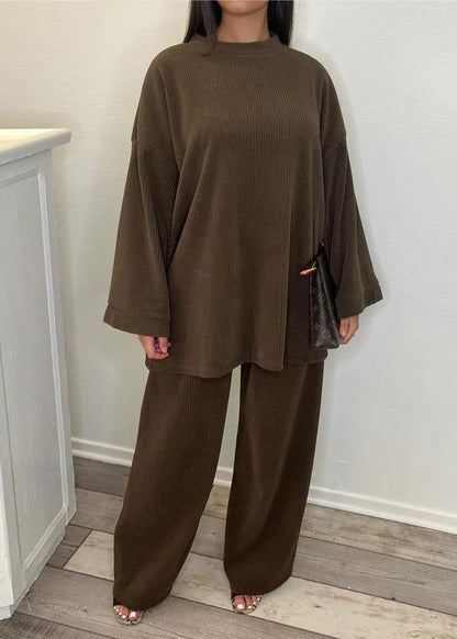 Simple Beige O Neck Tops and Pants Corduroy Two Piece Suit Set Fall