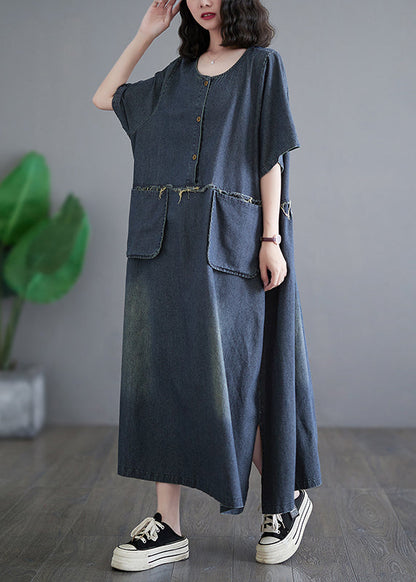 Denim Blue Patchwork Side Open Button Maxi Dresses Short Sleeve