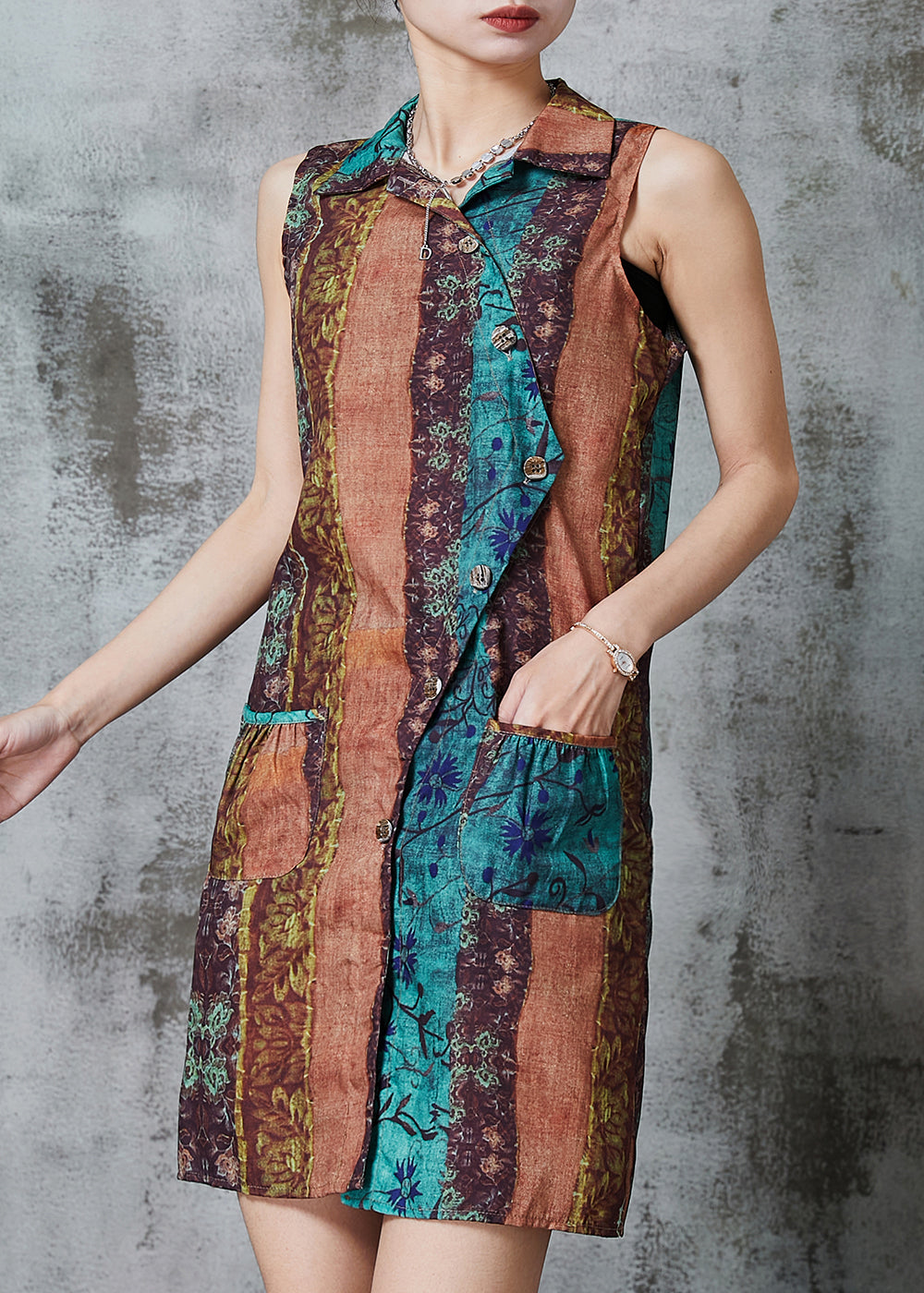 Khaki Asymmetrical Print Linen Mini Dresses Sleeveless