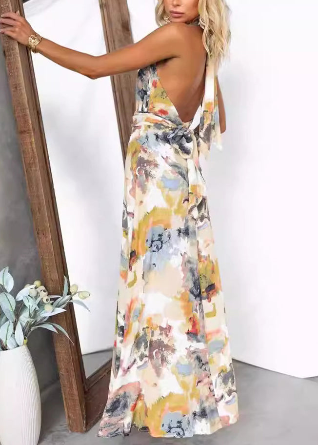 Yellow V Neck Print Backless Lace Up Cotton Dress Summer