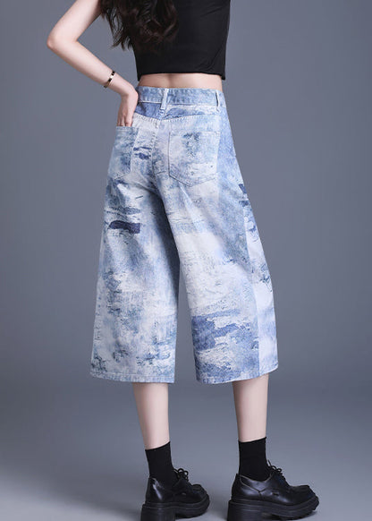 Blue Pockets Tie Dye Denim Crop Pants Summer