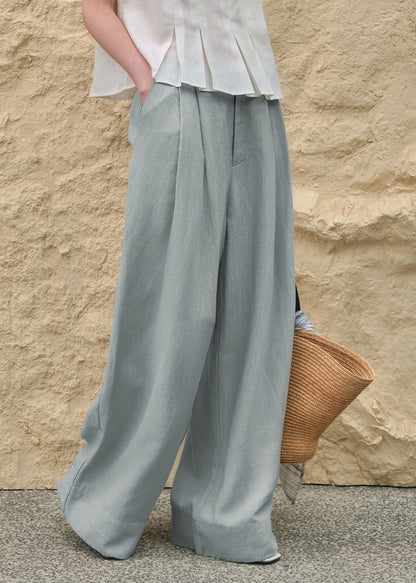 Simple Style White Pockets Linen Straight Pants Summer