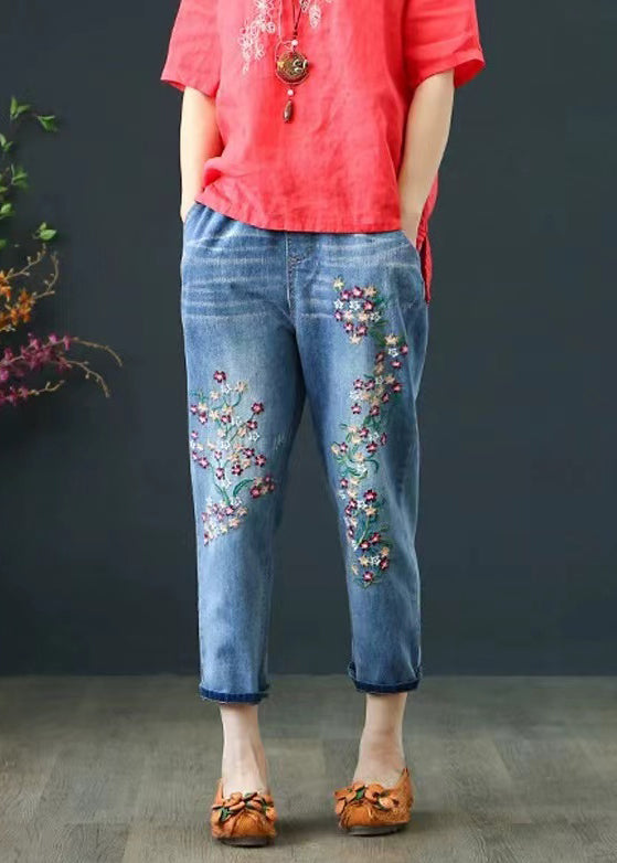 Blue Embroidered Denim Crop Pants Summer
