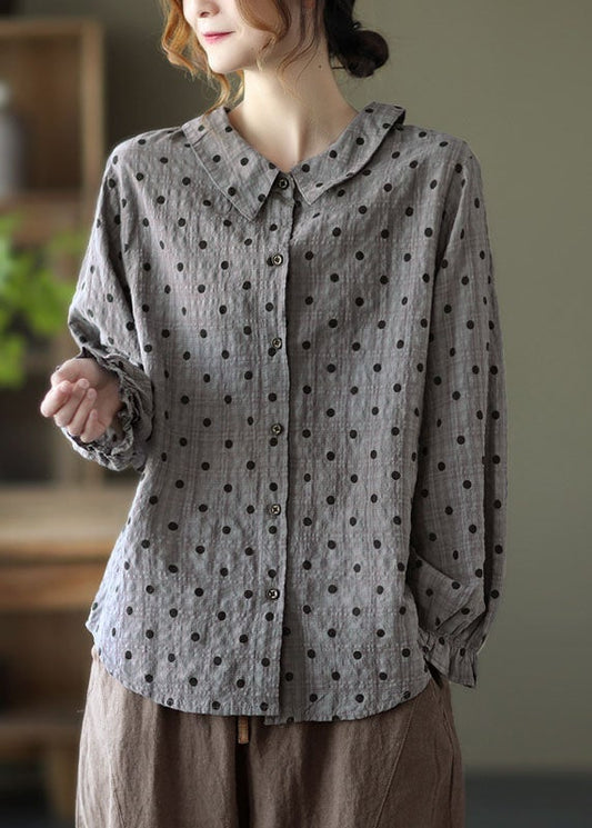 Grey Button Ruffled Dot Fall Shirt Tops Long Sleeve