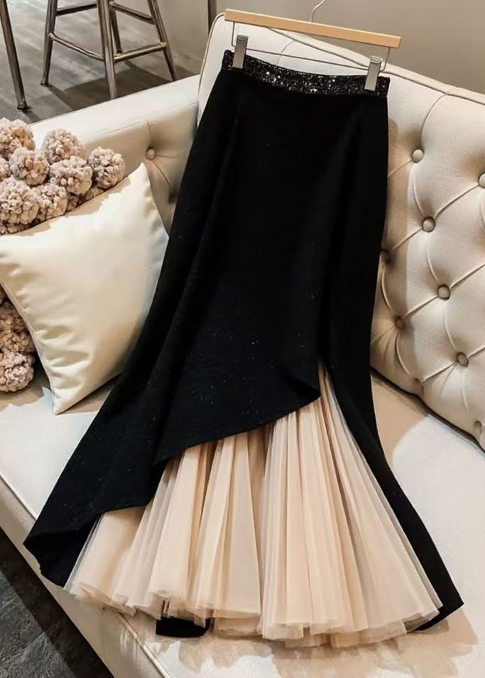 Black Original Design Chiffon Patchwork Skirts Spring