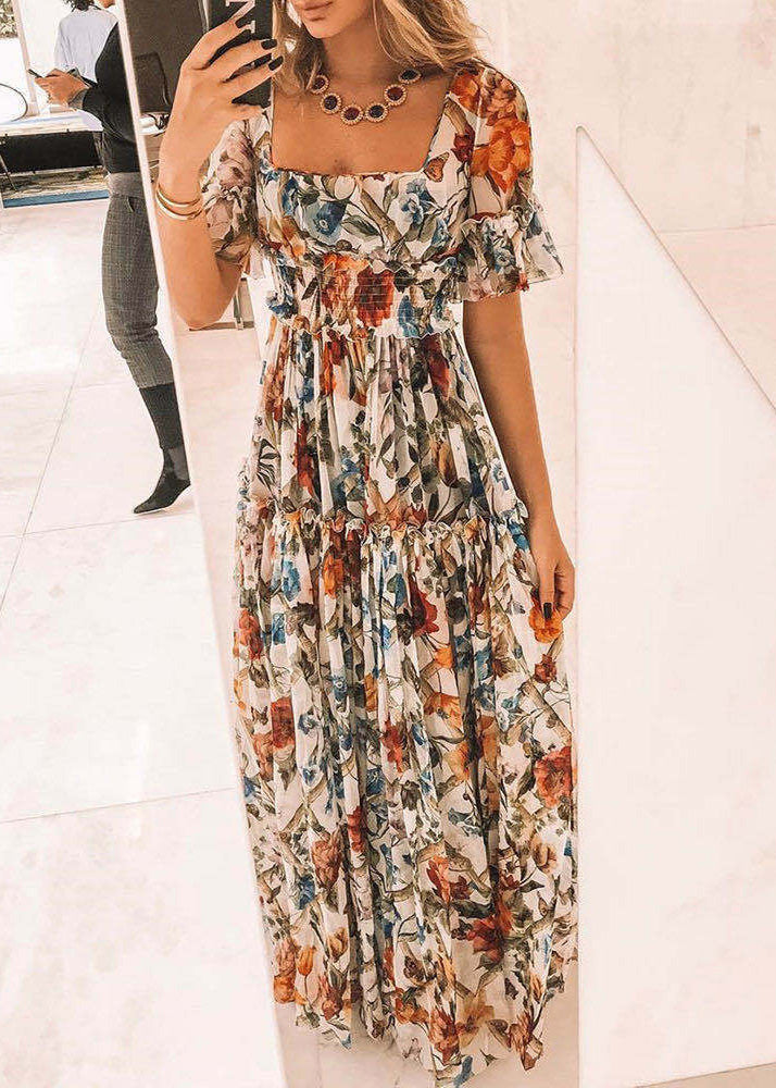 Apricot Square Neck Print Ruffle Waist Dress Summer